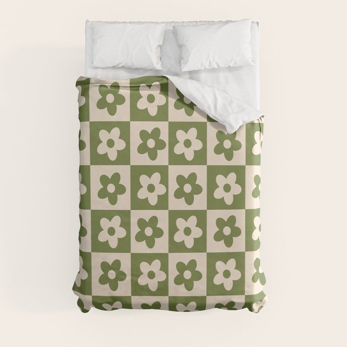 90s flowers checkers cream and green Duvet Cover