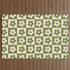 90s flowers checkers cream and green Outdoor Rug