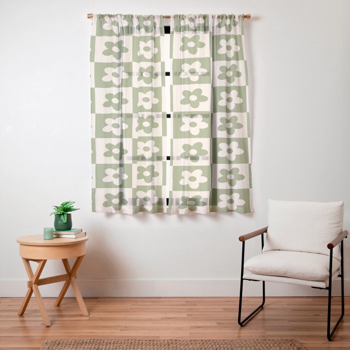 90s flowers checkers cream and green Window Curtain