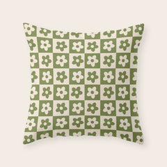 90s flowers checkers cream and green Throw Pillow