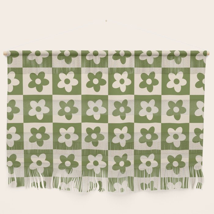 90s flowers checkers cream and green Wall Hanging