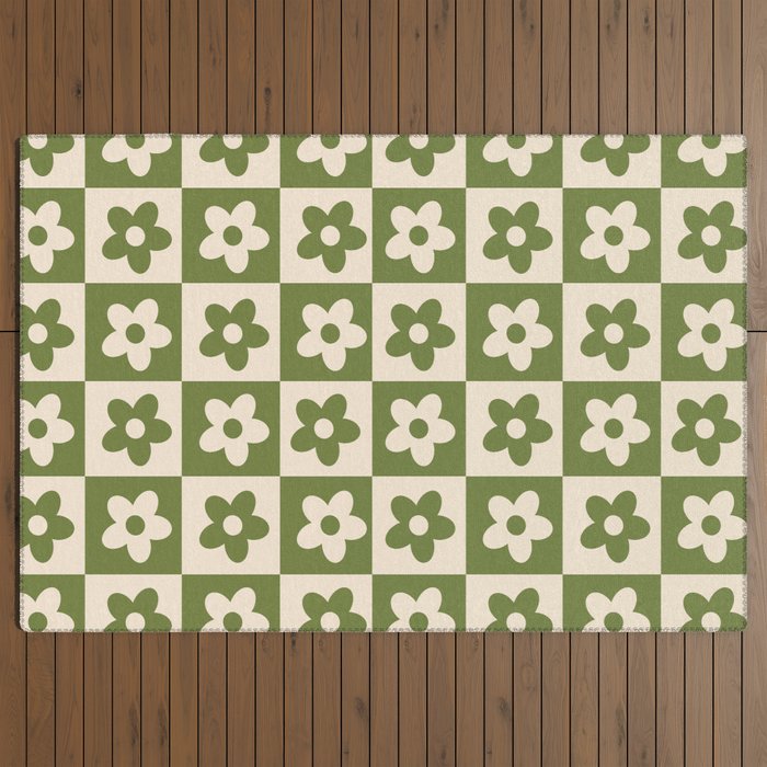 90s flowers checkers cream and green Outdoor Rug