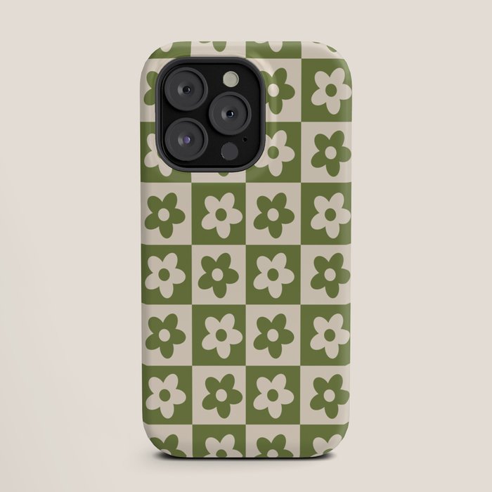 90s flowers checkers cream and green iPhone Case