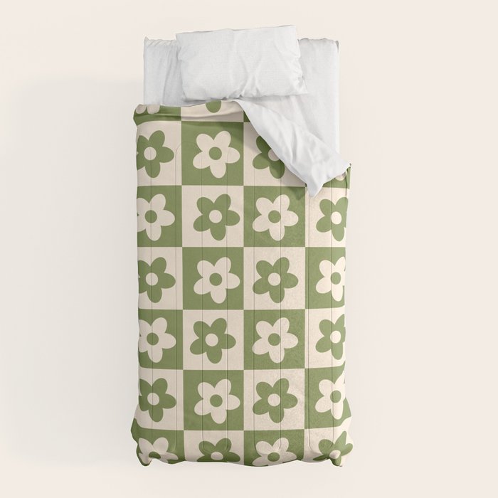 90s flowers checkers cream and green Comforter