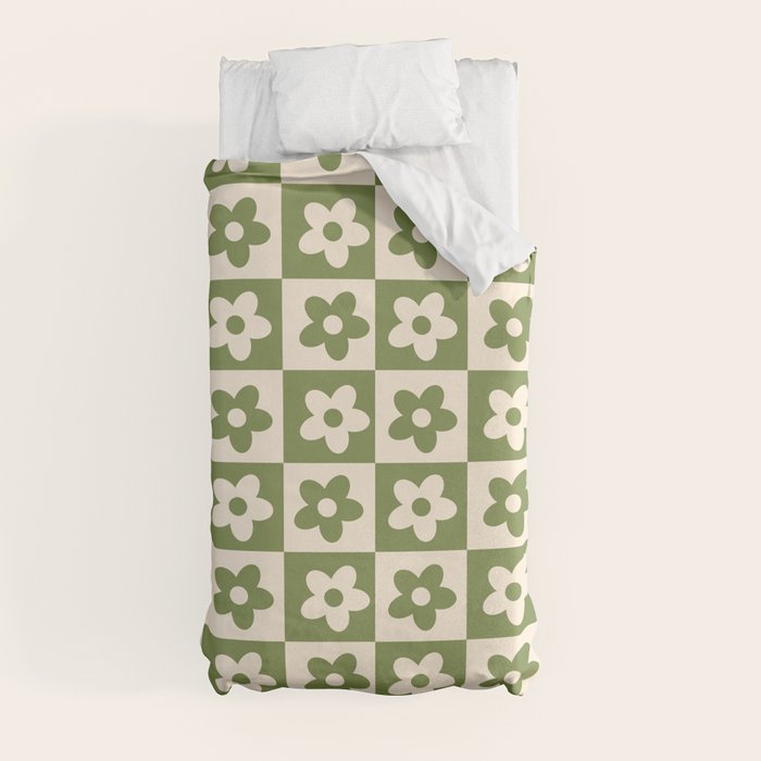 90s flowers checkers cream and green Duvet Cover