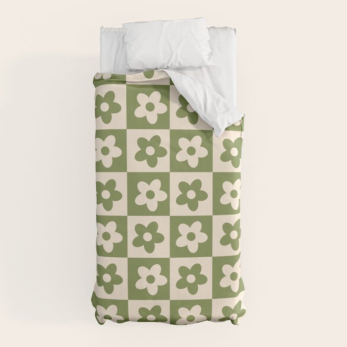 90s flowers checkers cream and green Duvet Cover