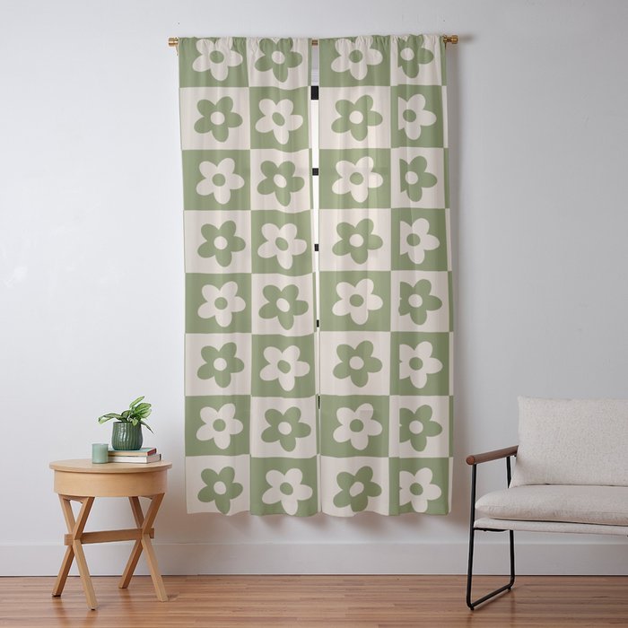 90s flowers checkers cream and green Window Curtain