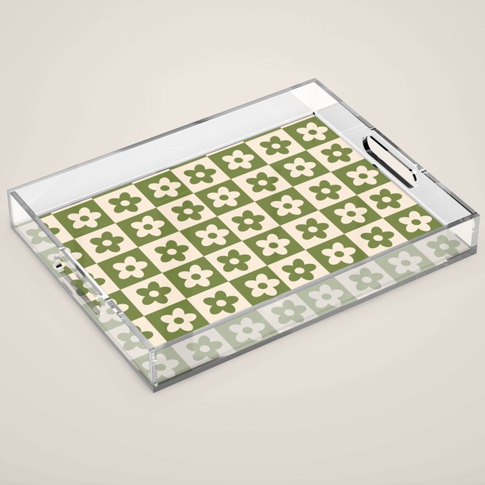 90s flowers checkers cream and green Acrylic Tray