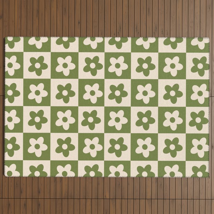 90s flowers checkers cream and green Outdoor Rug