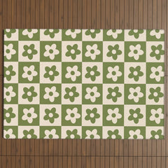 90s flowers checkers cream and green Outdoor Rug
