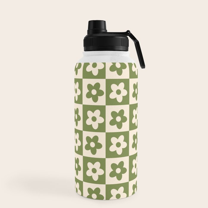90s flowers checkers cream and green Water Bottle