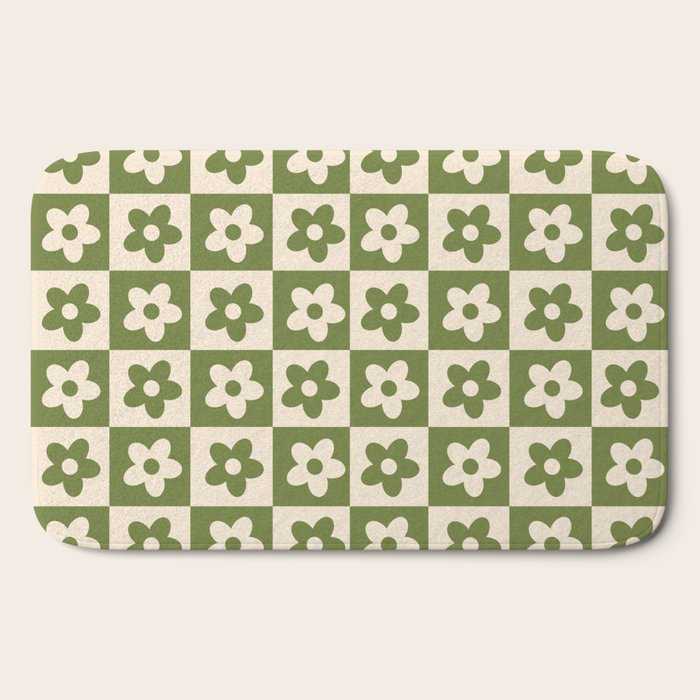 90s flowers checkers cream and green Bath Mat