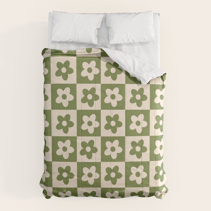 90s flowers checkers cream and green Comforter