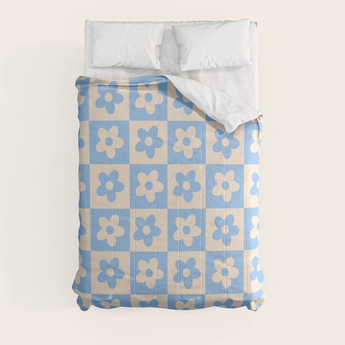 90s flowers checkers cream and blue Comforter