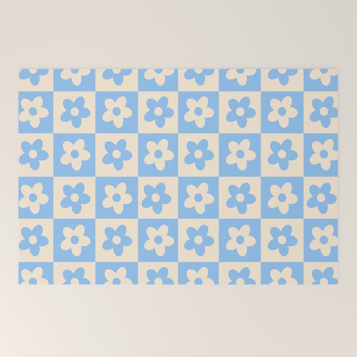90s flowers checkers cream and blue Welcome Mat