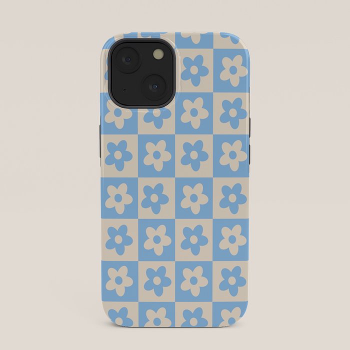 90s flowers checkers cream and blue iPhone Case