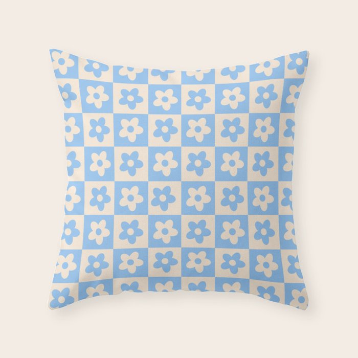 90s flowers checkers cream and blue Throw Pillow