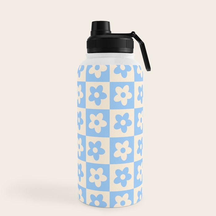 90s flowers checkers cream and blue Water Bottle