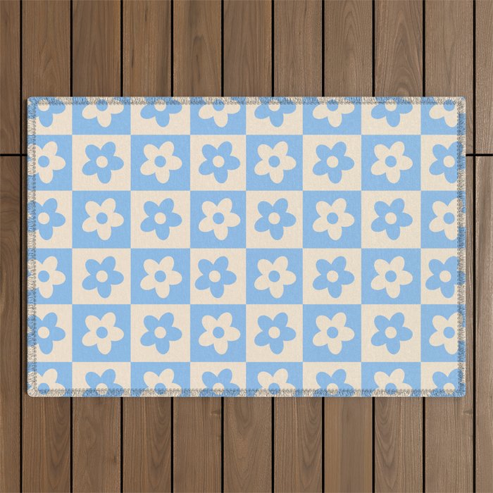 90s flowers checkers cream and blue Outdoor Rug