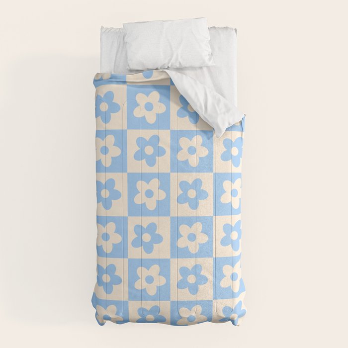 90s flowers checkers cream and blue Comforter