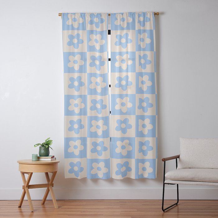 90s flowers checkers cream and blue Window Curtain