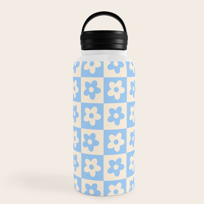 90s flowers checkers cream and blue Water Bottle