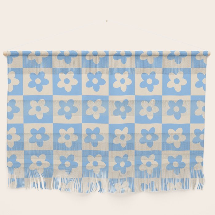 90s flowers checkers cream and blue Wall Hanging