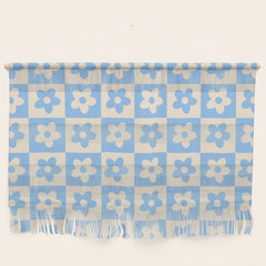 90s flowers checkers cream and blue Wall Hanging