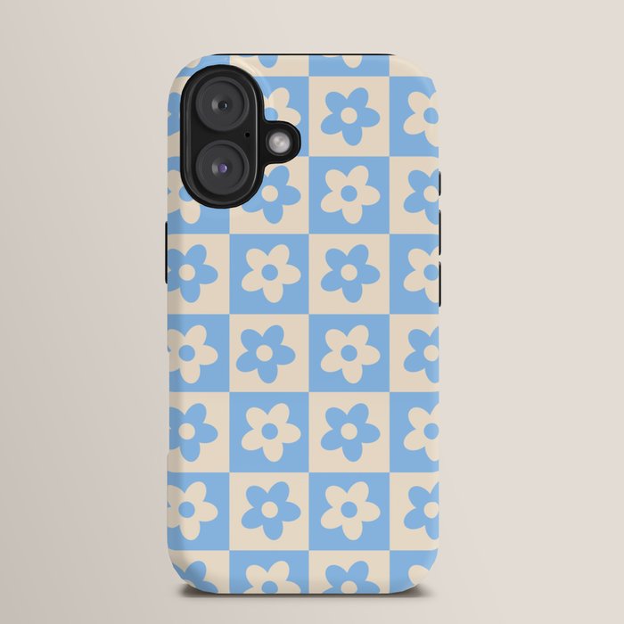 90s flowers checkers cream and blue iPhone Case