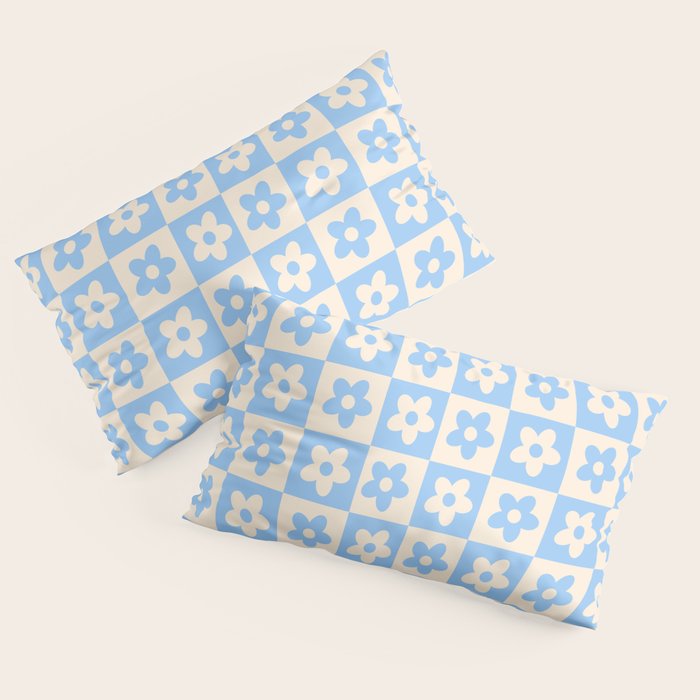 90s flowers checkers cream and blue Pillow Sham