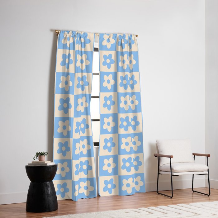 90s flowers checkers cream and blue Window Curtain