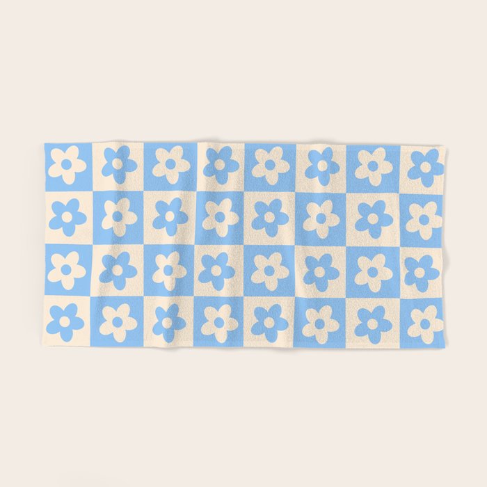 90s flowers checkers cream and blue Bath Towel