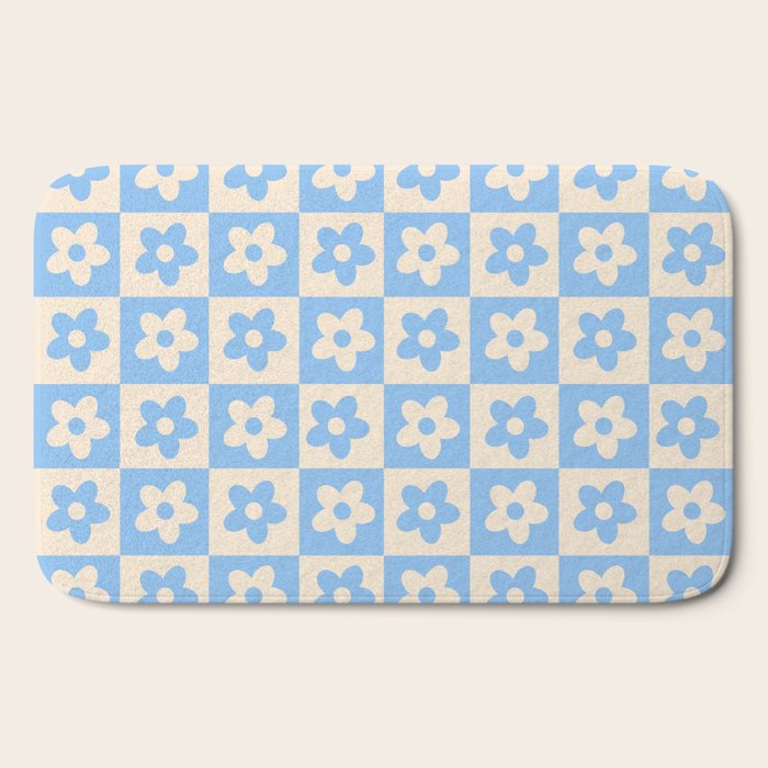 90s flowers checkers cream and blue Bath Mat