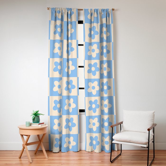 90s flowers checkers cream and blue Window Curtain