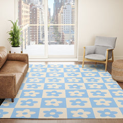 90s flowers checkers cream and blue Rug