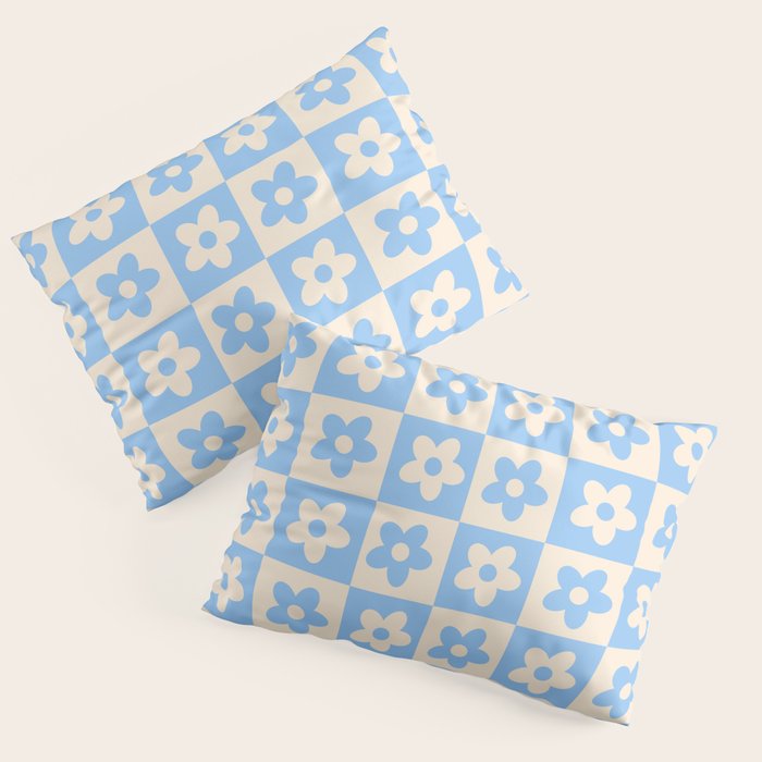 90s flowers checkers cream and blue Pillow Sham