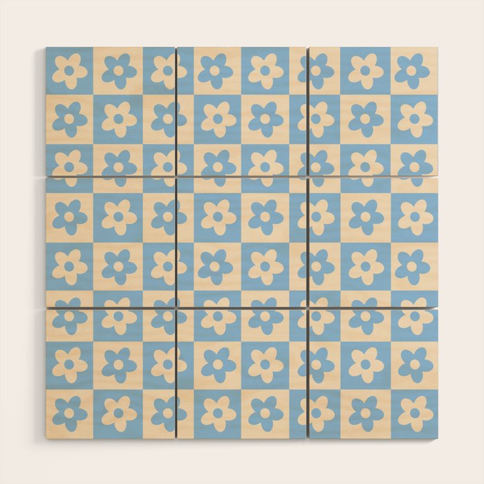 90s flowers checkers cream and blue Wood Wall Art