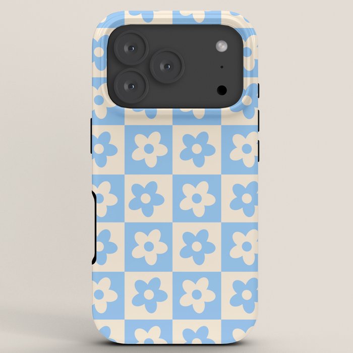 90s flowers checkers cream and blue iPhone Case