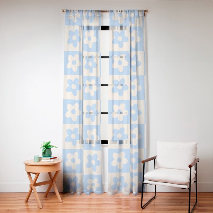 90s flowers checkers cream and blue Window Curtain