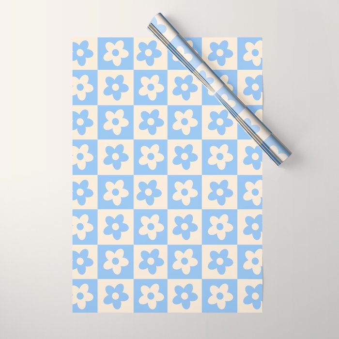 90s flowers checkers cream and blue Wrapping Paper