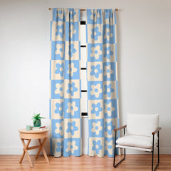 90s flowers checkers cream and blue Window Curtain