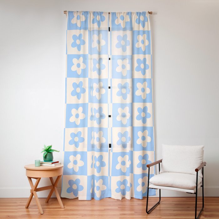 90s flowers checkers cream and blue Window Curtain