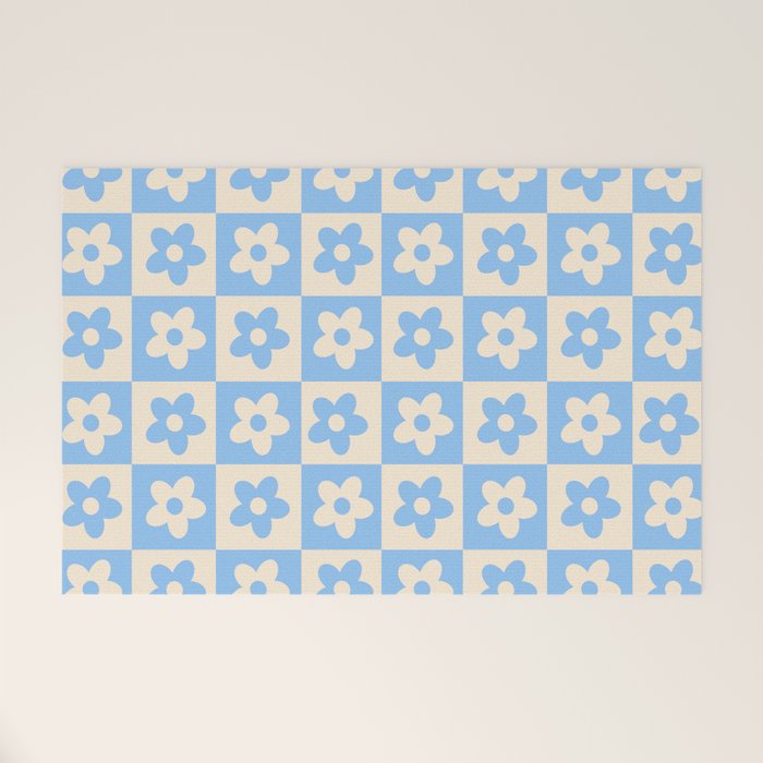 90s flowers checkers cream and blue Welcome Mat