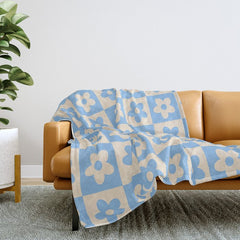 90s flowers checkers cream and blue Throw Blanket