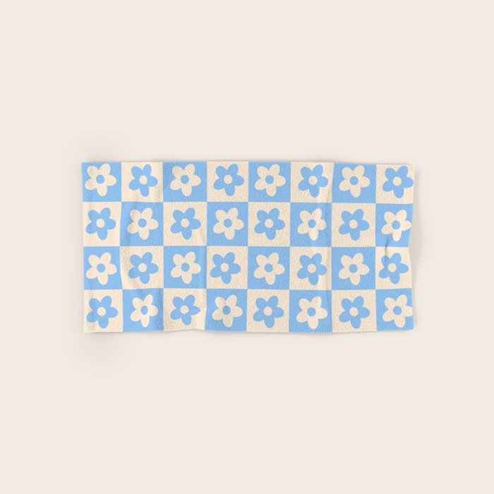 90s flowers checkers cream and blue Bath Towel