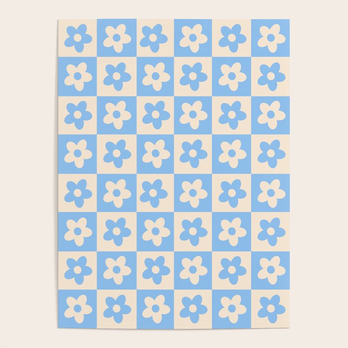 90s flowers checkers cream and blue Poster