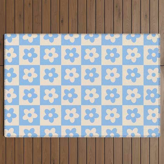 90s flowers checkers cream and blue Outdoor Rug