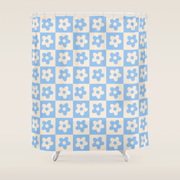 90s flowers checkers cream and blue Shower Curtain