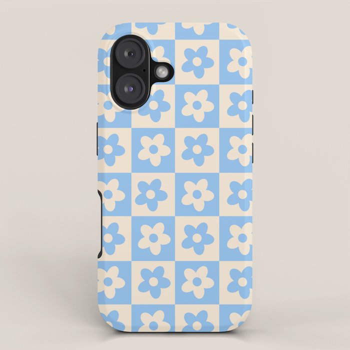 90s flowers checkers cream and blue iPhone Case