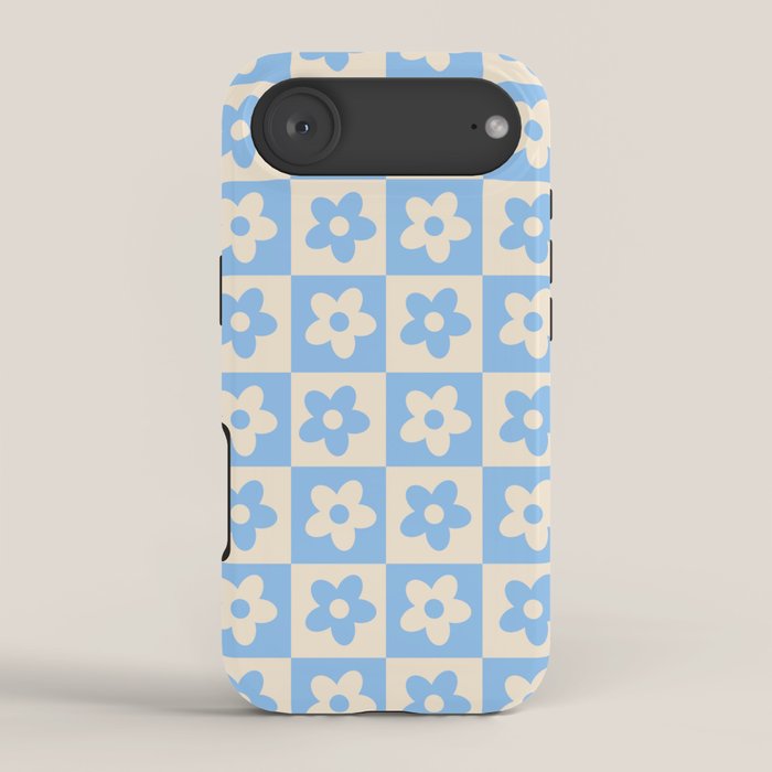 90s flowers checkers cream and blue iPhone Case